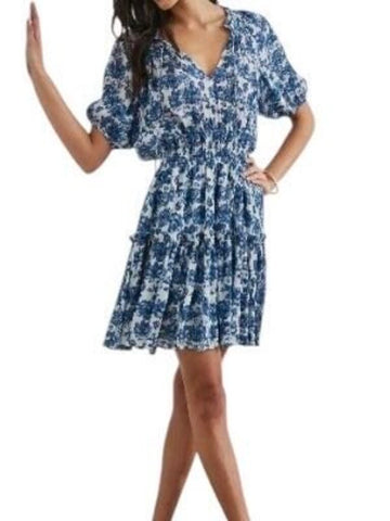 ^Rails Fiorella Chambray Floral Puff Sleeve Tie-Neck Smocked Waist Mini Dress, Size S