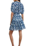 ^Rails Fiorella Chambray Floral Puff Sleeve Tie-Neck Smocked Waist Mini Dress, Size S