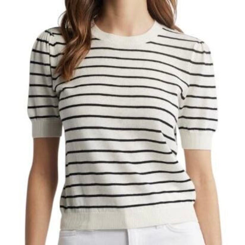 ^FRAME Cotton & Linen Blend Stripe Short Ruched Sleeve Crew Neck Pullover Sweater, Size S
