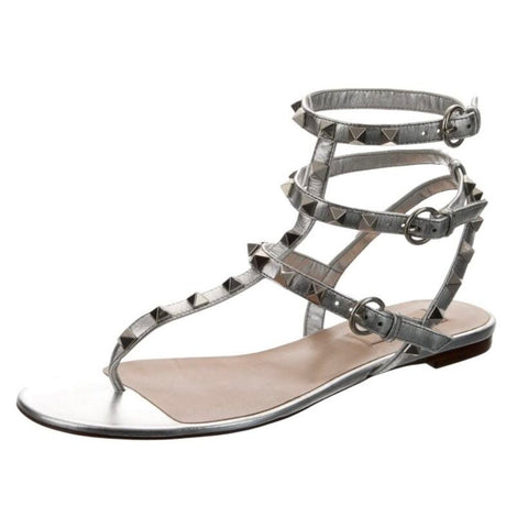 *AS IS- Valentino Garavani Rockstud Leather Caged T-Bar Thong Flat Slide Sandals, Size 40