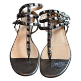 *AS IS- Valentino Garavani Rockstud Leather Caged T-Bar Thong Flat Slide Sandals, Size 40