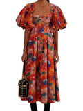 *Farm Rio Marias Cut-Out Cotton Floral Puff Sleeve Scallop Square Neck Midi Dress, Size XS