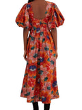 *Farm Rio Marias Cut-Out Cotton Floral Puff Sleeve Scallop Square Neck Midi Dress, Size XS