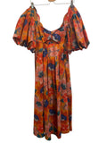 *Farm Rio Marias Cut-Out Cotton Floral Puff Sleeve Scallop Square Neck Midi Dress, Size XS
