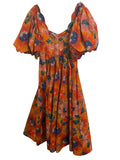 *Farm Rio Marias Cut-Out Cotton Floral Puff Sleeve Scallop Square Neck Midi Dress, Size XS