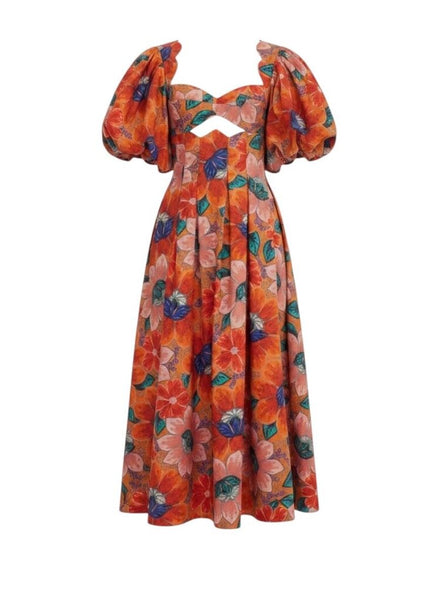 *Farm Rio Marias Cut-Out Cotton Floral Puff Sleeve Scallop Square Neck Midi Dress, Size XS