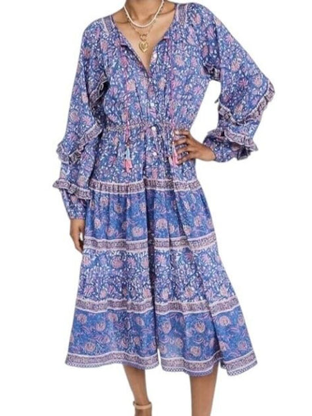 *BELL Cameron Silk & Cotton Floral Block Print Ruffle Blouson Sleeve Tassel Tie Neck Midi Dress, Size S