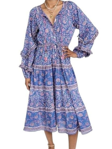 *BELL Cameron Silk & Cotton Floral Block Print Ruffle Blouson Sleeve Tassel Tie Neck Midi Dress, Size S