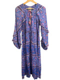 *BELL Cameron Silk & Cotton Floral Block Print Ruffle Blouson Sleeve Tassel Tie Neck Midi Dress, Size S