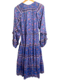 *BELL Cameron Silk & Cotton Floral Block Print Ruffle Blouson Sleeve Tassel Tie Neck Midi Dress, Size S