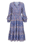 *BELL Cameron Silk & Cotton Floral Block Print Ruffle Blouson Sleeve Tassel Tie Neck Midi Dress, Size S