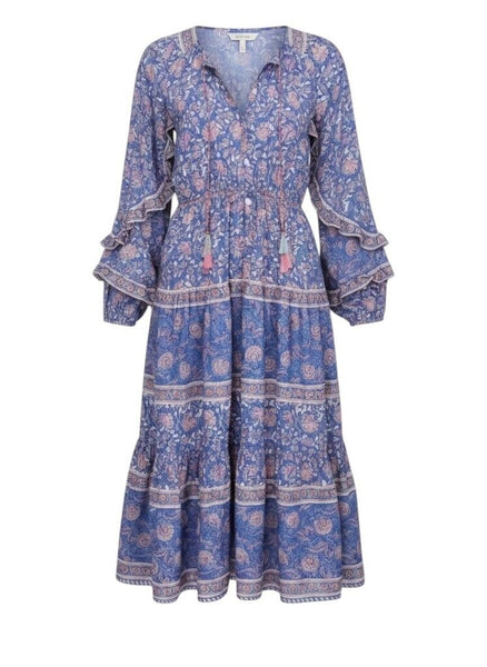 *BELL Cameron Silk & Cotton Floral Block Print Ruffle Blouson Sleeve Tassel Tie Neck Midi Dress, Size S