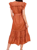 *Marie Oliver Phoebe Cotton & Silk Check Flutter Sleeve V-Neck Tiered Maxi Dress, Size S