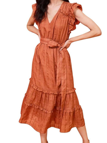 *Marie Oliver Phoebe Cotton & Silk Check Flutter Sleeve V-Neck Tiered Maxi Dress, Size S