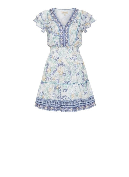 *Poupette St. Barth Camila Floral Flutter Sleeve V-Neck Tiered Mini Dress, Size Girls 12=XXS