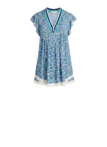 *Poupette St. Barth Sasha Geometric Flutter Sleeve Fringed V-Neck Trapeze Mini Dress, Size S