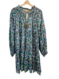 *Oliphant Napa Metallic Blockprint Balloon Long Sleeve Tassel Tie Split Neck Tiered Mini Dress, Size S