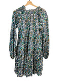 *Oliphant Napa Metallic Blockprint Balloon Long Sleeve Tassel Tie Split Neck Tiered Mini Dress, Size S