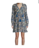 *Oliphant Napa Metallic Blockprint Balloon Long Sleeve Tassel Tie Split Neck Tiered Mini Dress, Size S
