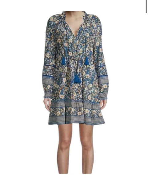 *Oliphant Napa Metallic Blockprint Balloon Long Sleeve Tassel Tie Split Neck Tiered Mini Dress, Size S