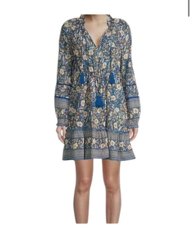 *Oliphant Napa Metallic Blockprint Balloon Long Sleeve Tassel Tie Split Neck Tiered Mini Dress, Size S