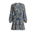 *Oliphant Napa Metallic Blockprint Balloon Long Sleeve Tassel Tie Split Neck Tiered Mini Dress, Size S