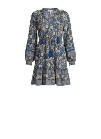 *Oliphant Napa Metallic Blockprint Balloon Long Sleeve Tassel Tie Split Neck Tiered Mini Dress, Size S