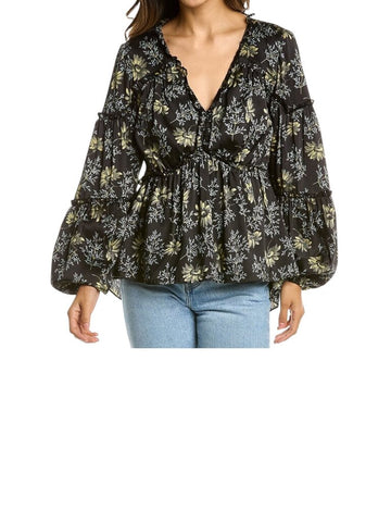 ^NWT Cinq a Sept Simmons Satin Floral Bishop's Sleeve V-Neck Peplum Top, Size S
