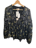 *NWT Cinq a Sept Simmons Satin Floral Bishop's Sleeve V-Neck Peplum Top, Size S