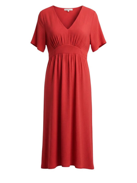 ^XiRENA Mila Cotton Gauze Short Sleeve V- Neck Elastic Waist Midi Dress, Size M