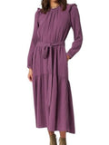 *XiRENA Mia Cotton Gauze Long Sleeve Ruffle Round Neck Belted Tiered Midi Dress, Size S