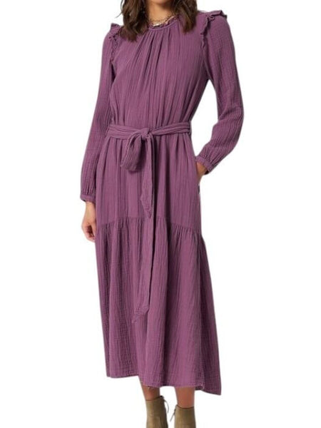 *XiRENA Mia Cotton Gauze Long Sleeve Ruffle Round Neck Belted Tiered Midi Dress, Size S