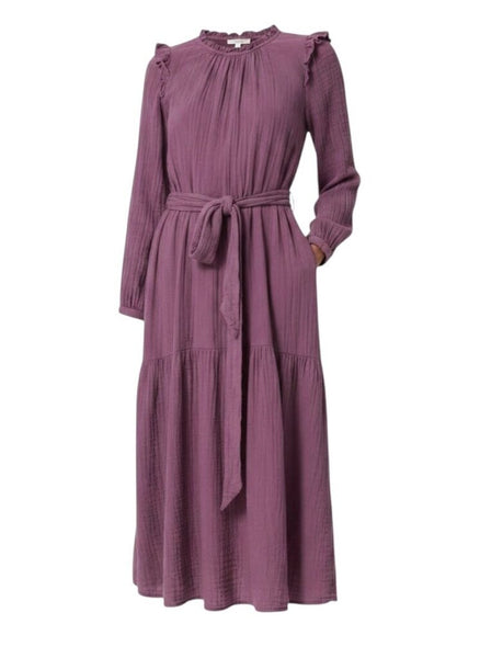 *XiRENA Mia Cotton Gauze Long Sleeve Ruffle Round Neck Belted Tiered Midi Dress, Size S