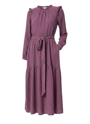 *XiRENA Mia Cotton Gauze Long Sleeve Ruffle Round Neck Belted Tiered Midi Dress, Size S