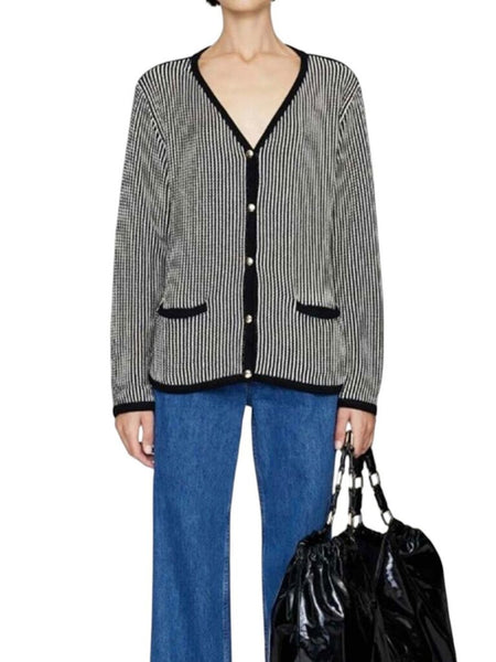 *Anine Bing Dave Knit Stripe Contrast Trim Crested Button Long Boyfriend Cardigan, Size S