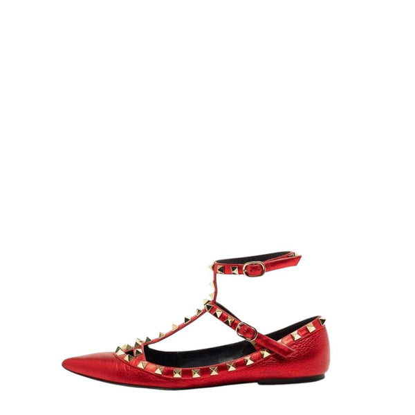 Valentino Garavani Ballerina Metallic Leather Rockstud T-Bar Ankle Cage Ballet Flats w/box, Size 37.5