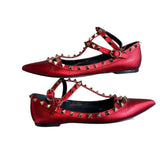 Valentino Garavani Ballerina Metallic Leather Rockstud T-Bar Ankle Cage Ballet Flats w/box, Size 37.5