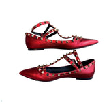 Valentino Garavani Ballerina Metallic Leather Rockstud T-Bar Ankle Cage Ballet Flats w/box, Size 37.5