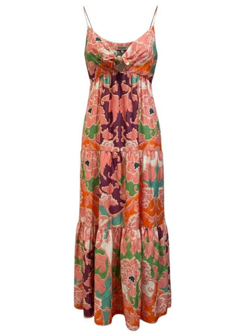 *Delfi Collective Sebastienne Satin Floral Sweetheart Knot Front Cami Tiered Maxi Dress, Size XS