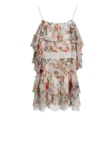 ^Alice + Olivia Santos Silk Floral Lace Trim Flutter Sleeve On/Off Shoulder Mini Dress, Size 6