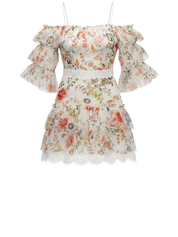 *Alice + Olivia Santos Silk Floral Lace Trim Flutter Sleeve On/Off Shoulder Mini Dress, Size 6