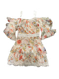 *Alice + Olivia Santos Silk Floral Lace Trim Flutter Sleeve On/Off Shoulder Mini Dress, Size 6