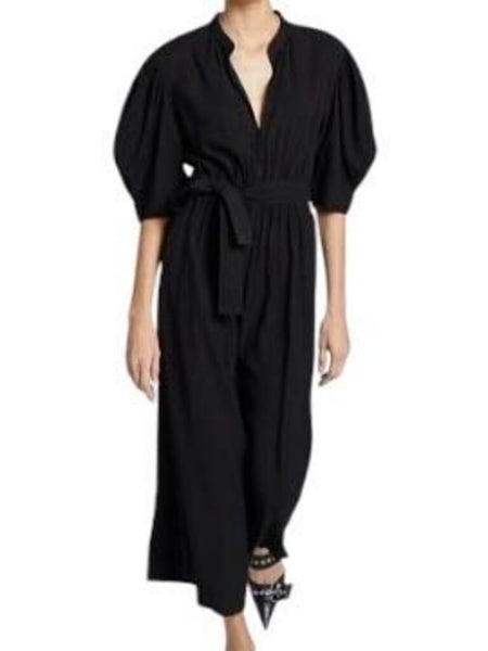 *A.L.C. Shiva Crepe Puff Sleeve Hook Eye Split Neck Belted Wide Leg Cropped Jumpsuit, Size 2