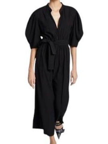 *A.L.C. Shiva Crepe Puff Sleeve Hook Eye Split Neck Belted Wide Leg Cropped Jumpsuit, Size 2