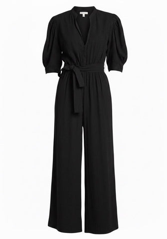 *A.L.C. Shiva Crepe Puff Sleeve Hook Eye Split Neck Belted Wide Leg Cropped Jumpsuit, Size 2