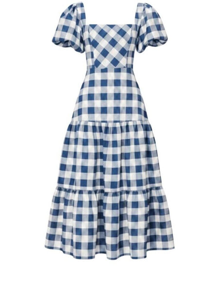 *Hunter Bell Cassidy Gingham Short Puff Sleeve Square Neck Tiered Midi Dress, Size 8