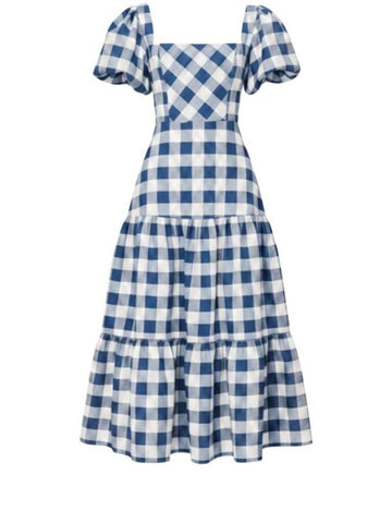 *Hunter Bell Cassidy Gingham Short Puff Sleeve Square Neck Tiered Midi Dress, Size 8
