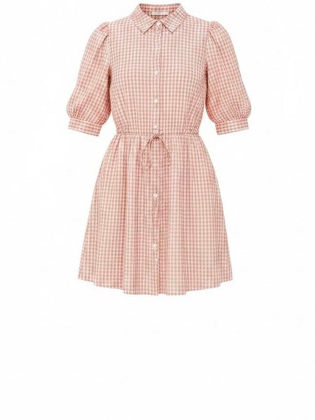 *Hunter Bell McCauley Gingham Short Puff Sleeve Drawstring Waist Popover Mini Shirt Dress, Size S