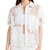 *NWT Le Superbe Purely Enlightened Floral Embroidered Mesh Short Sleeve Button-Up Camp Shirt, Size 8