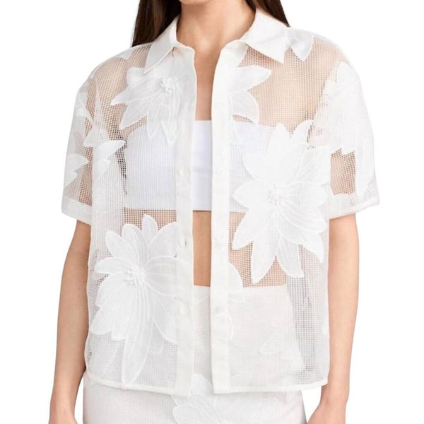 *NWT Le Superbe Purely Enlightened Floral Embroidered Mesh Short Sleeve Button-Up Camp Shirt, Size 8